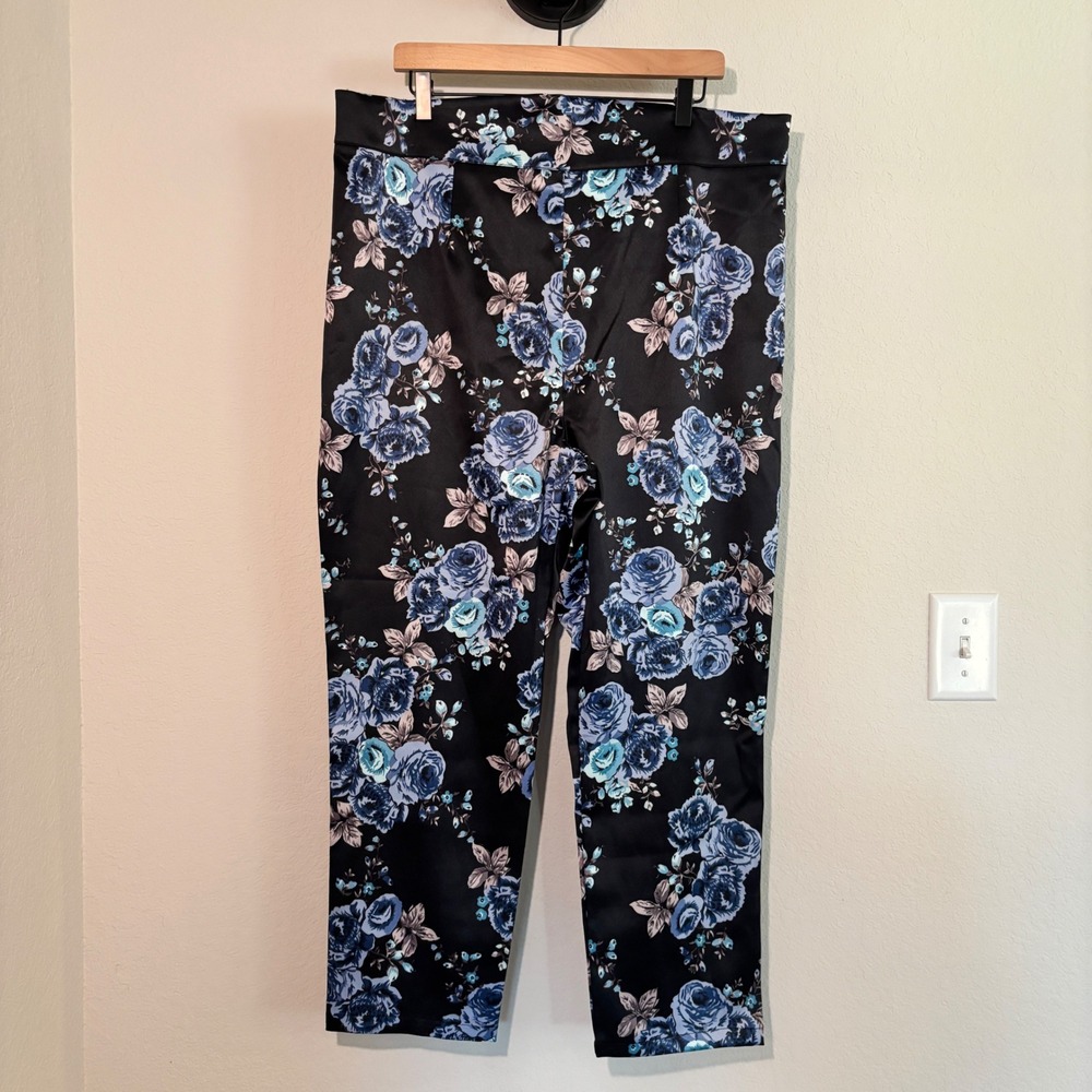 Pinup Girl Couture Trousers Cigarette 3X Satin Floral Black Blue Rockabilly